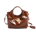 Polished brown tote bag with glossy finish and triangular metal logo for women - Brown