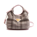 Vintage plaid tweed handbag in pink and taupe with leather straps and metal logo - Pink