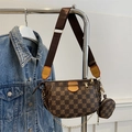 Ensemble de sacs bandoulière 3-en-1 à damier marron avec sangle et porte-monnaie - Marron