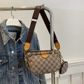 Retro canvas crossbody bag set with brown T-pattern print and wide nylon strap - Dark Khaki