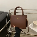 Brown faux leather square shoulder bag with top handles and adjustable strap - Coffee