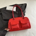 Borsa a mano rossa retrò con motivo a coccodrillo e doppie tasche frontali da donna - Rosso