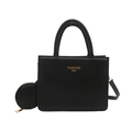 Fashionable black faux leather square handbag with golden details and small coin purse - Black