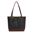 Vintage-Einkaufstasche in Dunkelgrau-Blau mit geometrischem Muster und braunem Leder - Schwarz