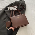 Dark brown retro square handbag with a small round coin purse and gold lettering - Bag In Bag Style / Brown