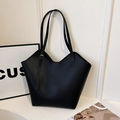 Minimalist black tote bag with lychee texture and unique V-shaped opening for women - Black
