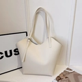 Chic cream white leather tote bag with V-cut design and lychee texture for women - White