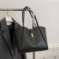 Classic black faux leather tote bag with gold buckle and slim double straps - Black