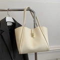 Minimalist cream white PU leather tote bag with elegant golden hardware detail - White