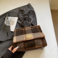 Winter plaid woolen backpack with brown leather trim and golden metal detailing - Coffee