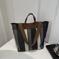 Large striped canvas tote bag in black, white and grey with brown leather handles - Black