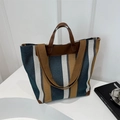 Retro striped canvas tote bag with brown leather handles and reinforced bottom corners - Blue