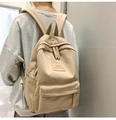 Vista posteriore di uno zaino in nylon beige con tasca a zip e logo in pelle - Cachi
