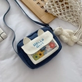 Navy blue crossbody phone bag with transparent PVC window and plush bear pendant - Blue