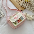Pink crossbody bag with cat ears, transparent window, and cute plush teddy bear charm - Pink