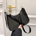 Glossy black patent leather underarm bag with silver zipper and sleek finish - Black