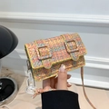 Mini sac bandoulière en tweed tissé coloré pour femme avec chaîne acrylique et sangle - Rose Jaune