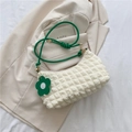 Creamy white quilted hobo bag with green knotted handles and a flower charm accent - Green