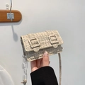 Beige tweed mini square bag with contrast stitching and acrylic chain handle - Khaki