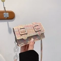 Mini sac bandoulière en tweed macaron avec tissage jaune bleu rose et chaîne acrylique - Violet & Jaune