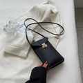 Minimalist black lychee-grain PU leather mini phone crossbody bag with gold twist lock - Black