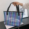 Bunte gestreifte Netz-Tragetasche aus transparentem Nylon mit schwarzen stabilen Griffe - Blau