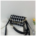Detail of black and white tweed plaid crossbody bag with golden chain and leather strap - Black