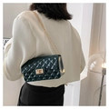 Quilted dark green crossbody bag with shiny finish and golden metal chain strap - Dark Green