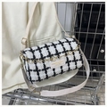 Classic black and white plaid tweed shoulder bag with gold chain and cream leather tag - White