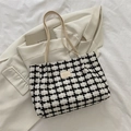 Large plaid tote bag in black and white houndstooth with cream leather handles - White