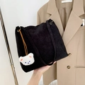 Borsa tote alla moda in velluto a coste nero per donna con orsetto di peluche bianco - Nero