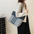Grand sac cabas pour femme en cuir noir et tissu tissé gris avec design patchwork - Rayure Verticale Grise