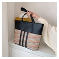 Large black leather tote bag with colorful tweed patchwork and adjustable shoulder strap - Khaki Vertical Stripe