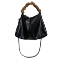 Schicke schwarze Beuteltasche mit braunem Plissee-Griff und Schultergurt Damen - Schwarz