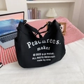 Borsa tote minimalista in tela nera con stampa artistica su sfondo a scacchi - Nero