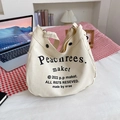 Borsa tote in tela color crema con stampa di lettere nere e chiusura con bottone - Bianco Sporco