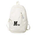 Minimalistischer beiger Canvas-Rucksack mit schwarzem M-Druck und Bären-Anhänger - Weiß