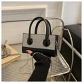 Fashionable houndstooth and black leather small square handbag with silver ball chain strap - Houndstooth Black
