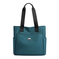 Minimalist deep peacock blue nylon tote bag with multiple pockets and silver metal plaque - Blue