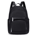 Minimalist black nylon backpack for women with large capacity and sleek silver zippers - Black