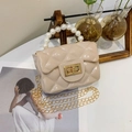 Mini cream quilted jelly bag with large pearl handle and gold chain strap for women - Khaki