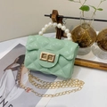 Mini mint green quilted jelly bag with pearl handle and golden metal chain strap - Light Blue