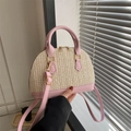 Borsa a conchiglia in paglia e pelle rosa e beige con tracolla regolabile donna - Rosa