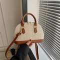 Borsa a mano in paglia beige con finiture in pelle marrone e tracolla rimovibile - Marrone