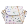 White geometric laser chain crossbody bag with colorful lines and golden strap - White