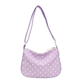 Détail du sac en nylon violet à pois blancs avec bandoulière réglable et fermeture éclair - Violet