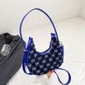 Checkerboard denim crescent underarm bag with blue leather trim and frayed edges - Dark Blue