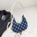 Blue denim tassel checkered hobo bag with white leather trim and dual straps - White