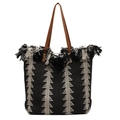 Large woven tote bag with geometric triangle patterns and tassel details for women - Black