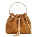 Bolso saco de strass champán con asa metálica y detalle de cordón con borlas - Chocolate